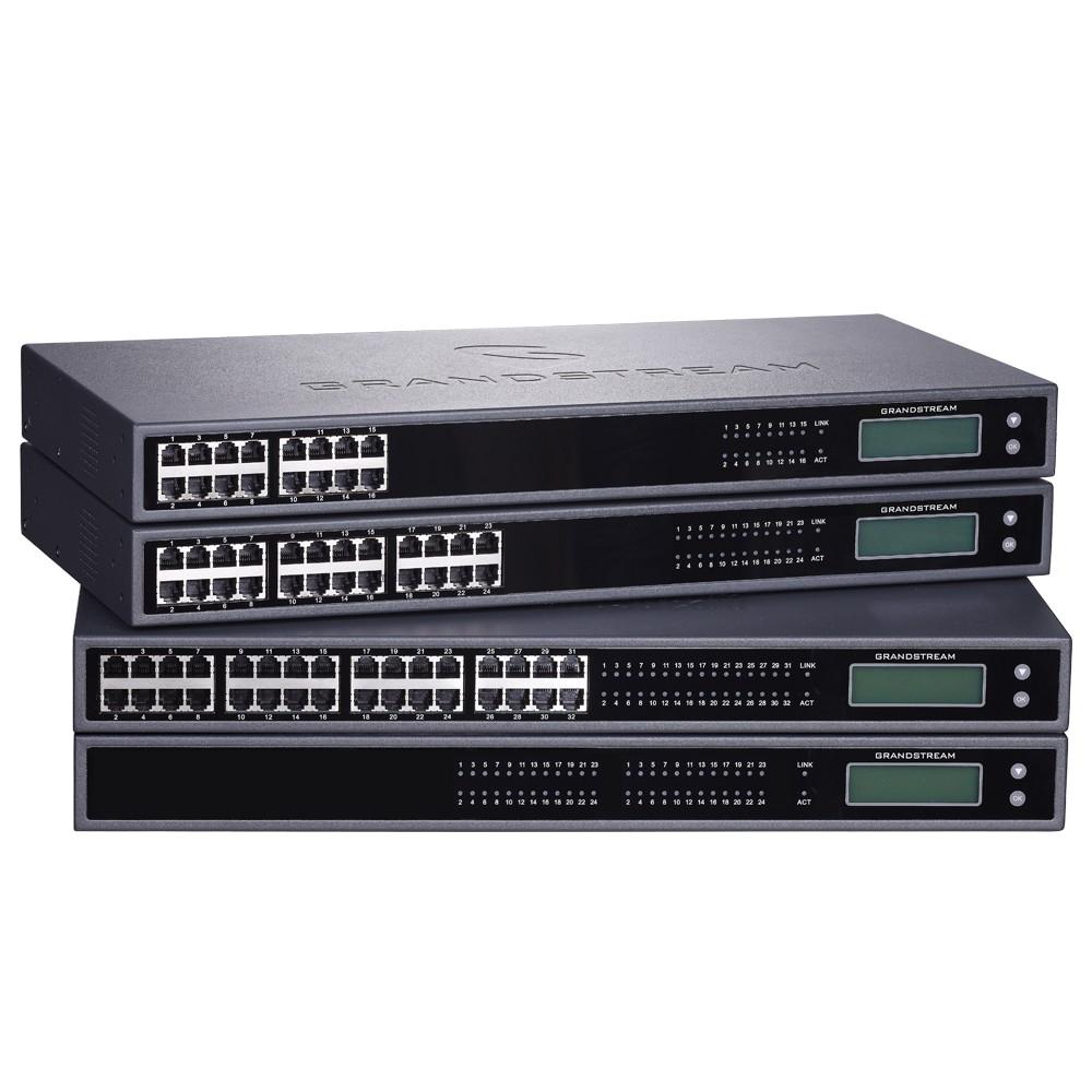 High-density analog VoIP gateway with 32 FXS ports and a Gigabit Ethernet uplink, bridging traditional phones and fax lines onto a SIP-based IP telephony network.